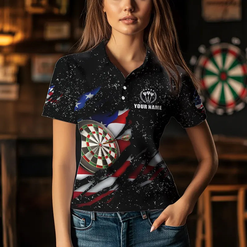 American Flag Black Grunge Dart Polo & Quarter Zip Shirts Custom Patriotic Dart Shirts For Women TDM3211