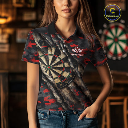 Red Retro Grunge Camo Darts Shirt For Women Custom Darts Jersey Team Polo & Quarter Zip Uniform TDM5448