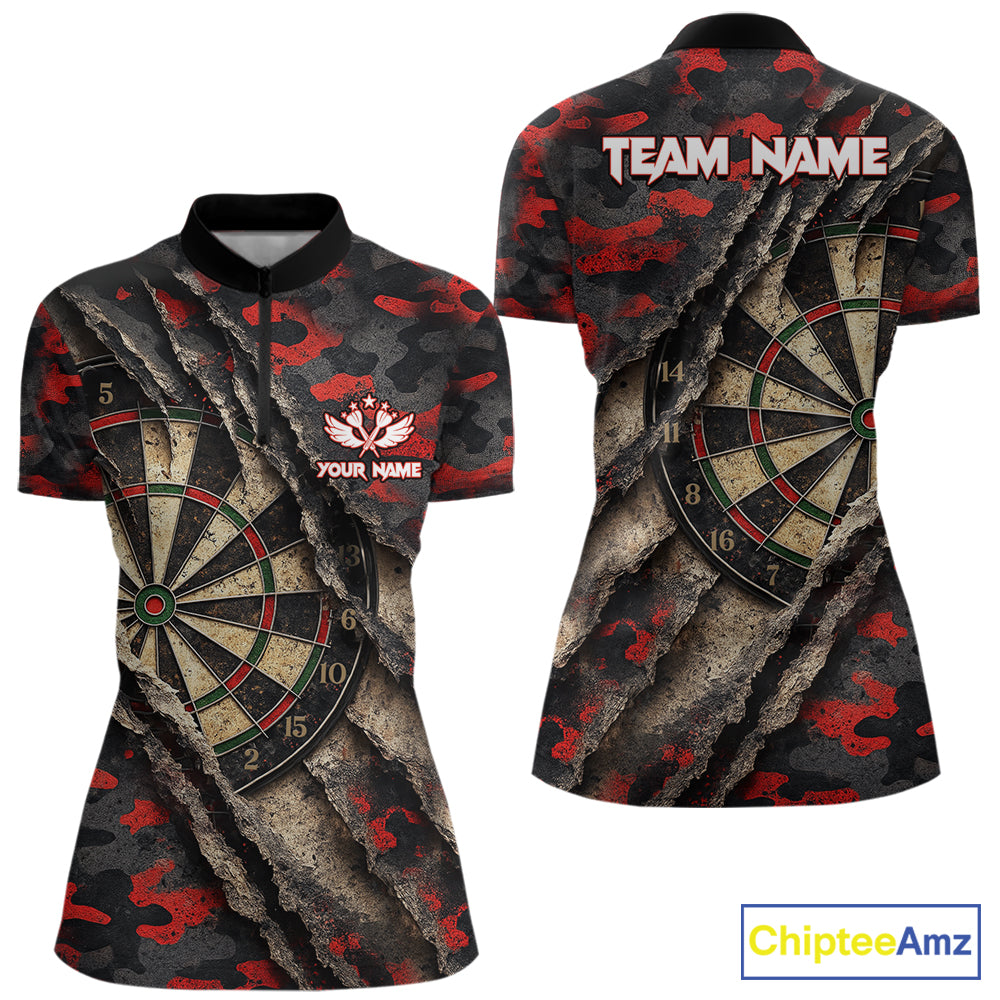 Red Retro Grunge Camo Darts Shirt For Women Custom Darts Jersey Team Polo & Quarter Zip Uniform TDM5448