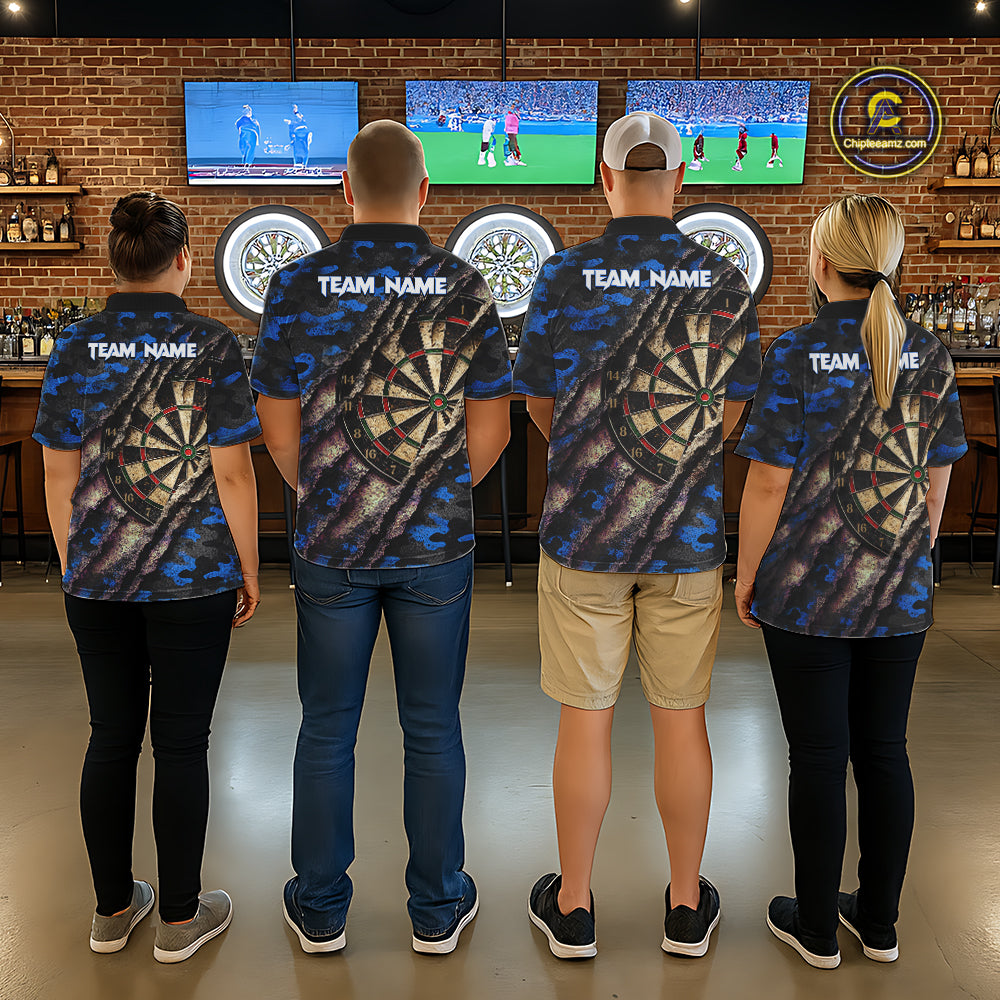Blue Retro Grunge Camo Darts Shirt For Women Custom Darts Jersey Team Polo & Quarter Zip Uniform TDM5449
