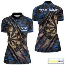 Load image into Gallery viewer, Blue Retro Grunge Camo Darts Shirt For Women Custom Darts Jersey Team Polo &amp; Quarter Zip Uniform TDM5449
