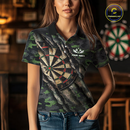 Green Retro Grunge Camo Darts Shirt For Women Custom Darts Jersey Team Polo & Quarter Zip Uniform TDM5450