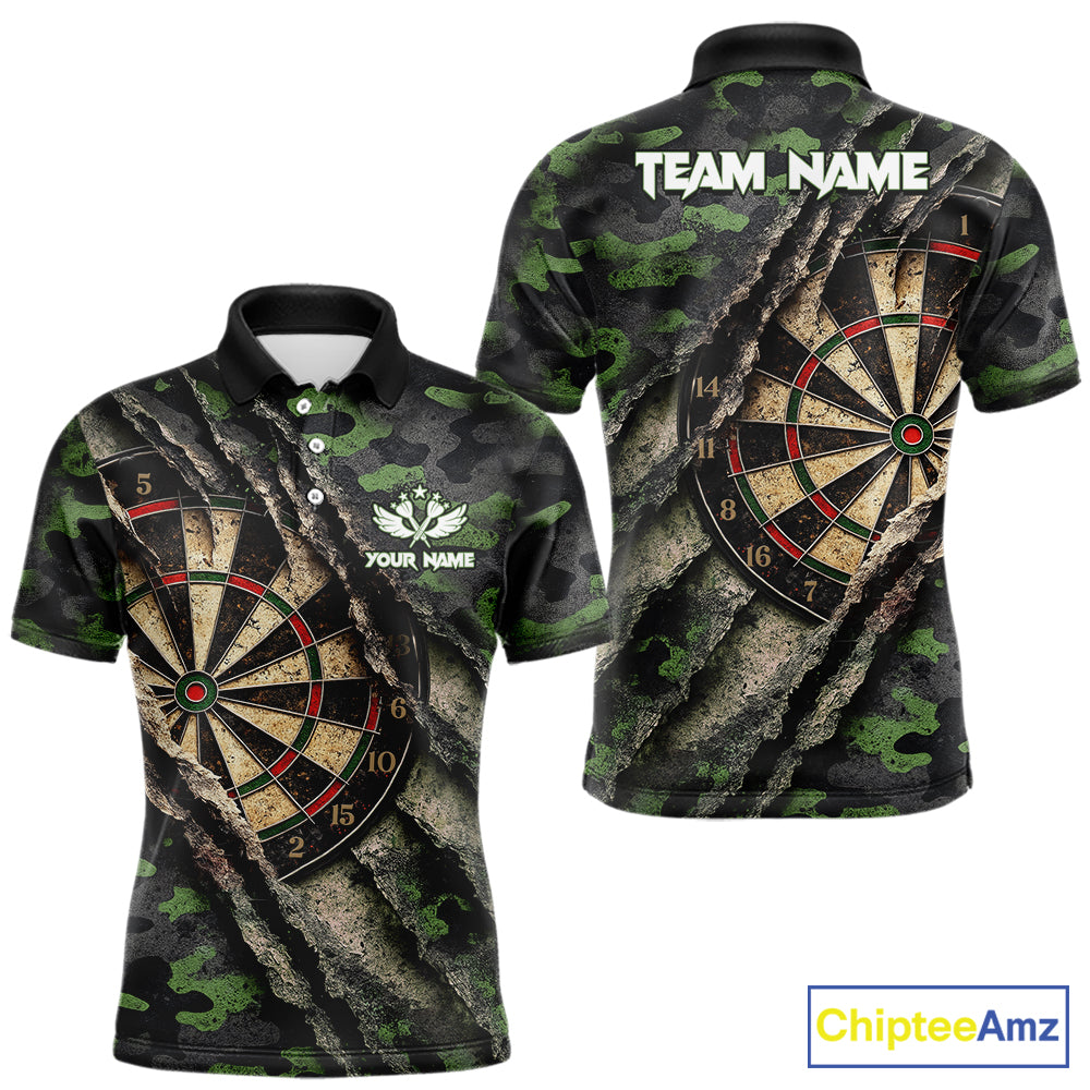 Green Retro Grunge Camo Darts Shirt For Men Custom Darts Jersey Team Polo & Quarter Zip Uniform TDM5450