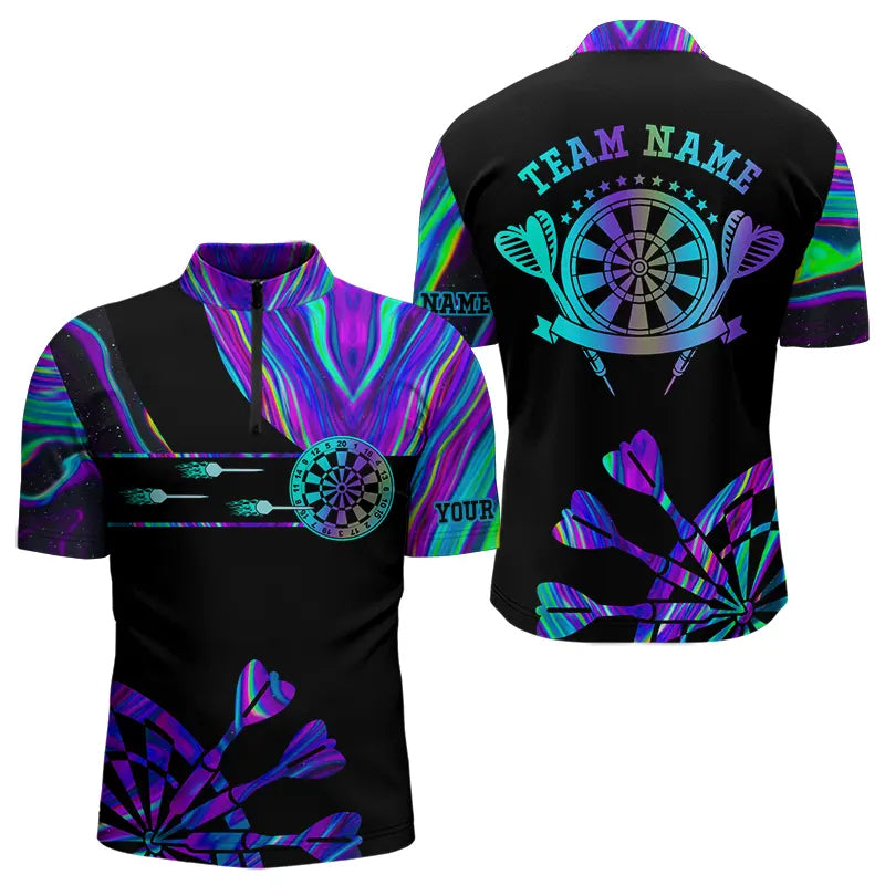 Neon Purple Blue Darts Tie Dye Custom Dart Quarter Zip Shirts For Men, Glowing Dart Jerseys TDM3559