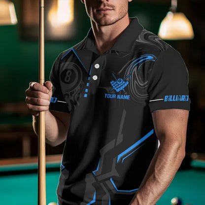 Customized 8 Ball Pool Crown Men Billiard Shirts, Blue And Black Billiard Team Shirts, Pool Jerseys TDM3563