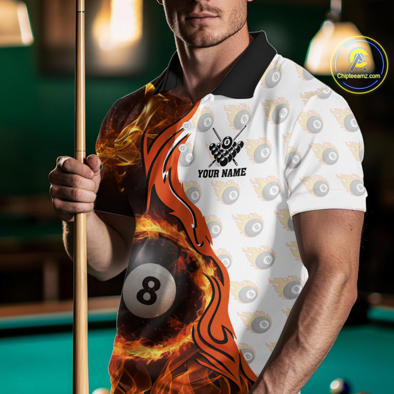Orange Flaming 8 Ball Pool Billiard Shirt For Men Custom Billiard Team Jersey Polo & 1/4 Zip TDM5925