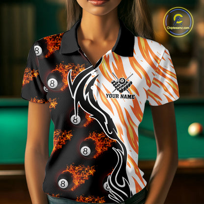 Personalized Fire Flame 8 Ball Pool Billiard Shirt For Women, Billiard Team Jersey Polo & 1/4 Zip TDM5926