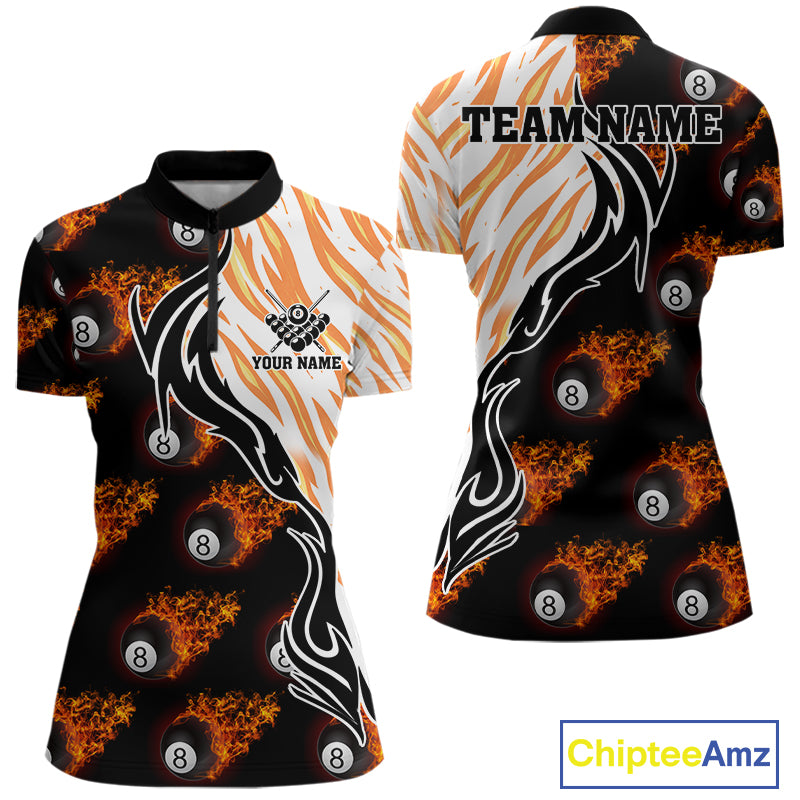 Personalized Fire Flame 8 Ball Pool Billiard Shirt For Women, Billiard Team Jersey Polo & 1/4 Zip TDM5926