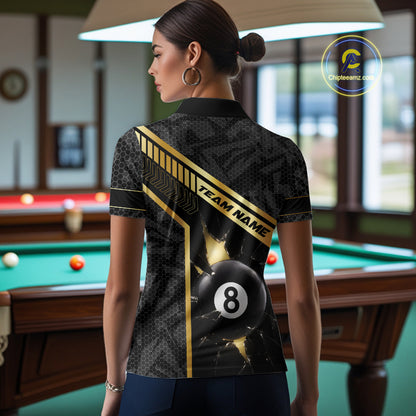 Black And Gold 8 Ball Break Glass Billiard Shirt For Women Custom Pool Team Jersey Polo & 1/4 Zip TDM6069