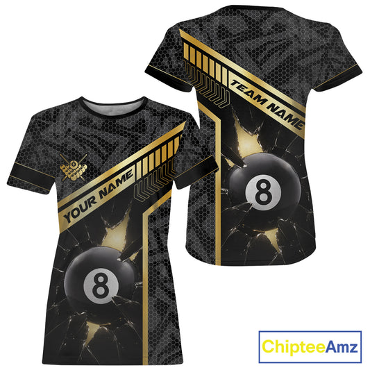 Black And Gold 8 Ball Break Glass Billiard T-Shirt For Women Custom Pool Team Jersey, Billiard Gifts TDM6069