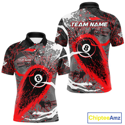 Red Grunge 8 Ball Pool Custom Billiard Shirts For Men, Billiard Team Jerseys Polo 1/4 Zip TDM6073