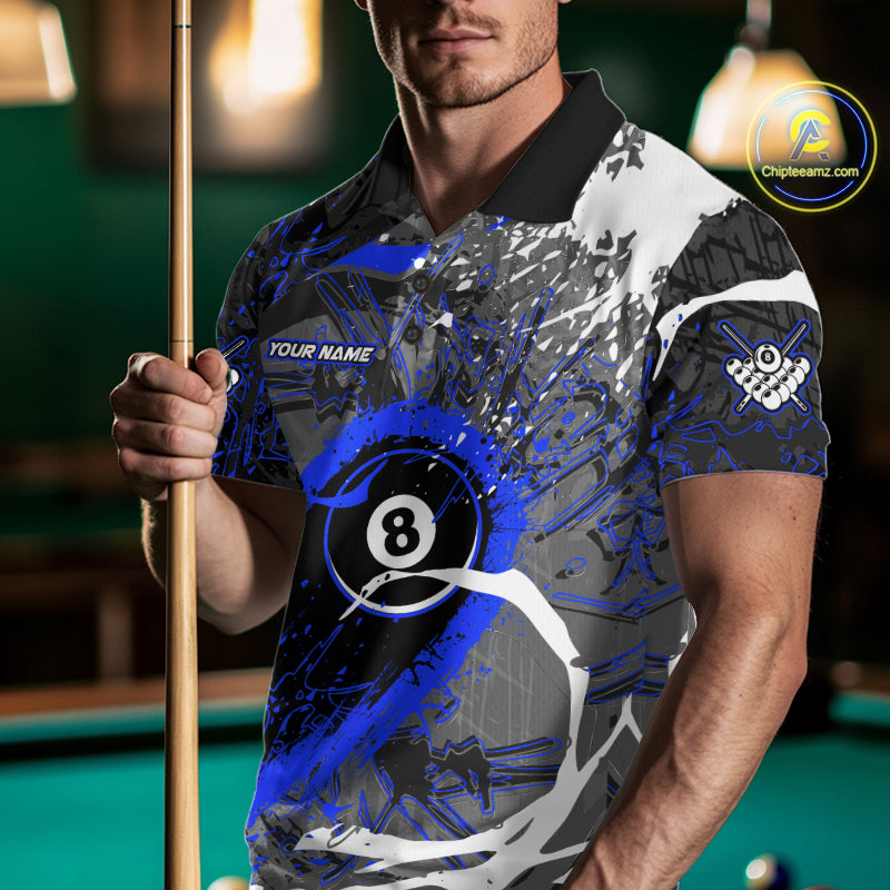 Blue Grunge 8 Ball Pool Custom Billiard Shirts For Men, Billiard Team Jerseys Polo 1/4 Zip TDM6074