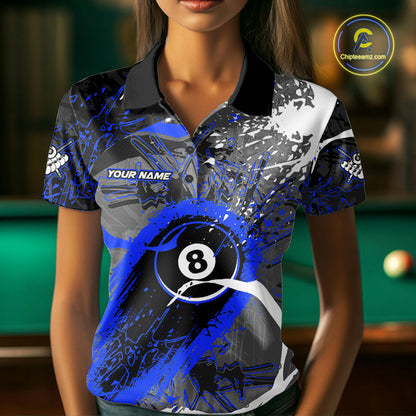 Blue Grunge 8 Ball Pool Custom Billiard Shirts For Women, Billiard Team Jerseys Polo 1/4 Zip TDM6074