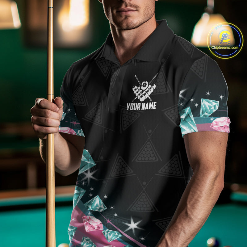 Funny Pink And Turquoise Diamonds Billiard Shirt For Men, 8 Ball Pool Team Jersey Polo & 1/4 Zip TDM6325