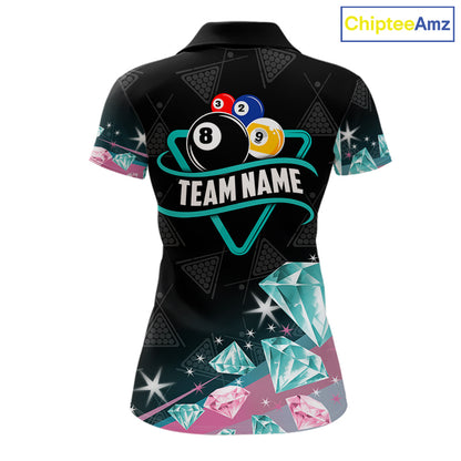 Funny Pink And Turquoise Diamonds Billiard Shirt For Women, 8 Ball Pool Team Jersey Polo & 1/4 Zip TDM6325