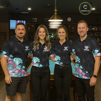 Funny Pink And Turquoise Diamonds Billiard Shirt For Men, 8 Ball Pool Team Jersey Polo & 1/4 Zip TDM6325