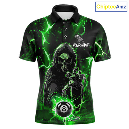Green Grim Reaper 8 Ball Billiard Shirt For Men Custom Lightning Billiard Team Jersey Polo, 1/4 Zip TDM6326