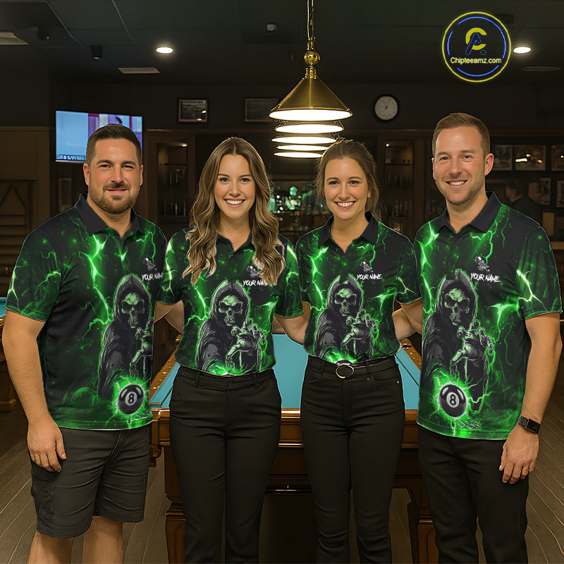 Green Grim Reaper 8 Ball Billiard Shirt For Men Custom Lightning Billiard Team Jersey Polo, 1/4 Zip TDM6326