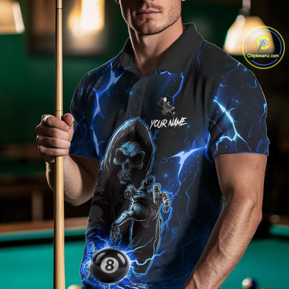 Blue Grim Reaper 8 Ball Billiard Shirt For Men Custom Lightning Billiard Team Jersey Polo, 1/4 Zip TDM6327