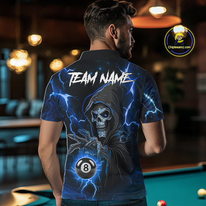 Blue Grim Reaper 8 Ball Billiard Shirt For Men Custom Lightning Billiard Team Jersey Polo, 1/4 Zip TDM6327