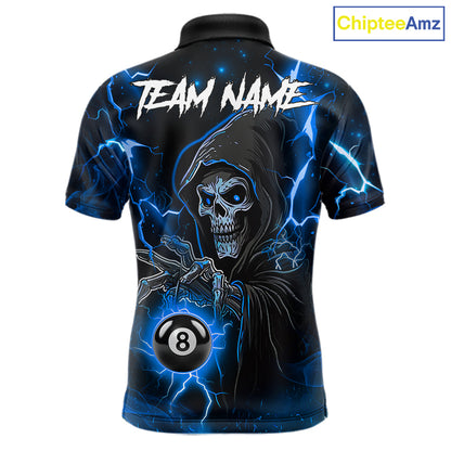 Blue Grim Reaper 8 Ball Billiard Shirt For Men Custom Lightning Billiard Team Jersey Polo, 1/4 Zip TDM6327