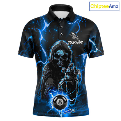 Blue Grim Reaper 8 Ball Billiard Shirt For Men Custom Lightning Billiard Team Jersey Polo, 1/4 Zip TDM6327