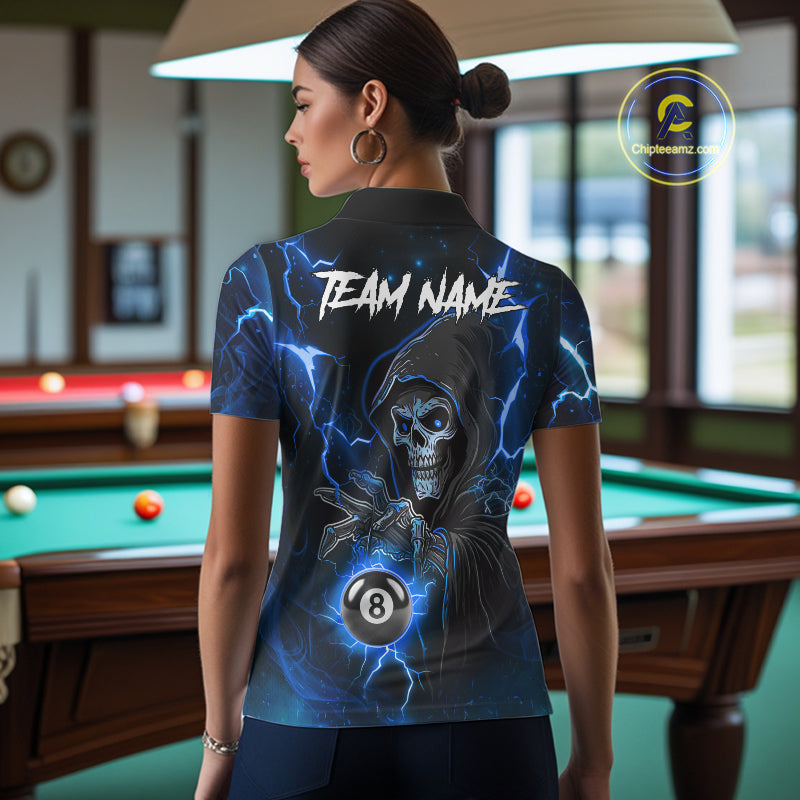Blue Grim Reaper 8 Ball Billiard Shirt For Women Custom Lightning Billiard Team Jersey Polo, 1/4 Zip TDM6327