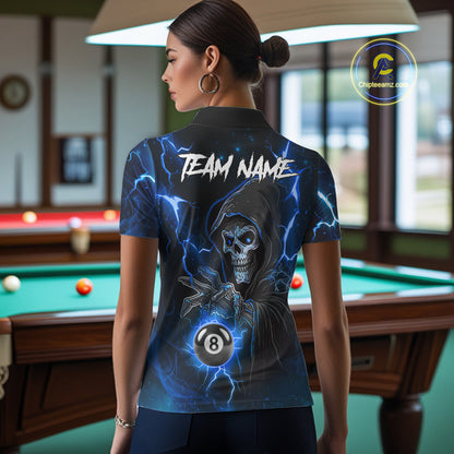 Blue Grim Reaper 8 Ball Billiard Shirt For Women Custom Lightning Billiard Team Jersey Polo, 1/4 Zip TDM6327