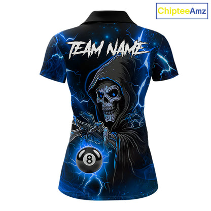 Blue Grim Reaper 8 Ball Billiard Shirt For Women Custom Lightning Billiard Team Jersey Polo, 1/4 Zip TDM6327