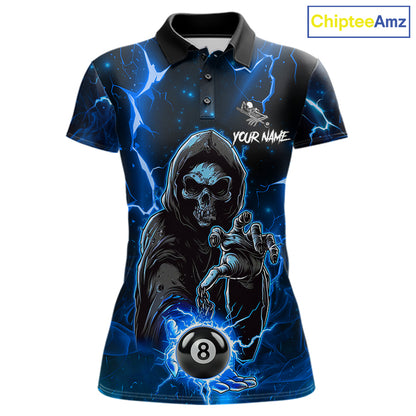 Blue Grim Reaper 8 Ball Billiard Shirt For Women Custom Lightning Billiard Team Jersey Polo, 1/4 Zip TDM6327