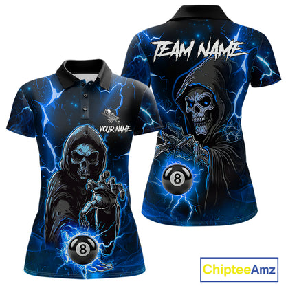 Blue Grim Reaper 8 Ball Billiard Shirt For Women Custom Lightning Billiard Team Jersey Polo, 1/4 Zip TDM6327