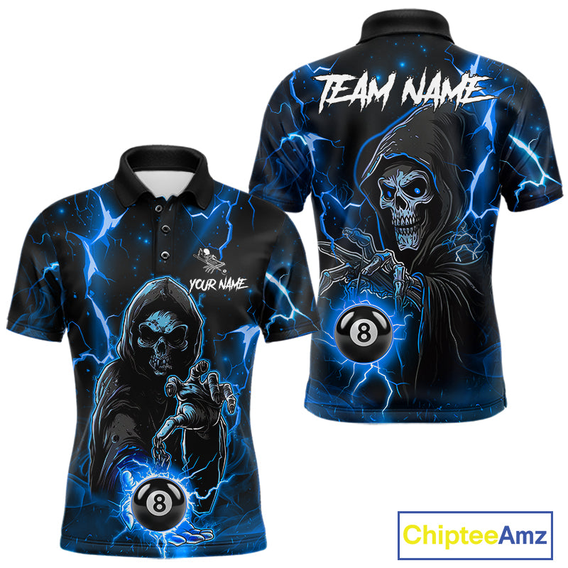 Blue Grim Reaper 8 Ball Billiard Shirt For Men Custom Lightning Billiard Team Jersey Polo, 1/4 Zip TDM6327