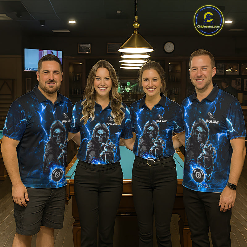 Blue Grim Reaper 8 Ball Billiard Shirt For Women Custom Lightning Billiard Team Jersey Polo, 1/4 Zip TDM6327