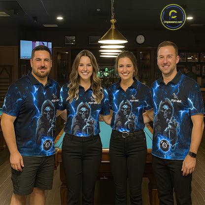 Blue Grim Reaper 8 Ball Billiard Shirt For Women Custom Lightning Billiard Team Jersey Polo, 1/4 Zip TDM6327