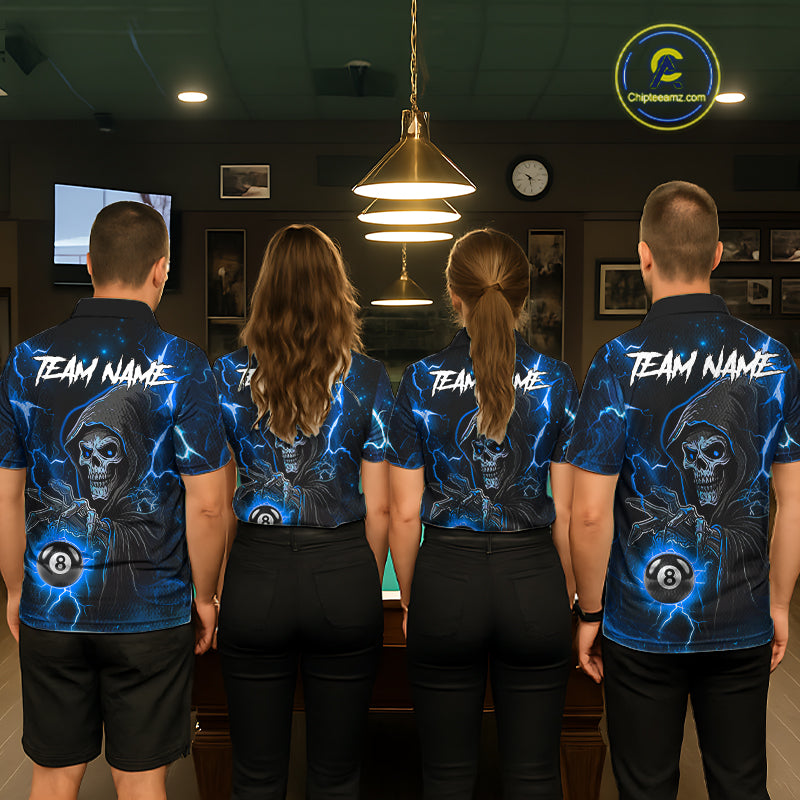 Blue Grim Reaper 8 Ball Billiard Shirt For Women Custom Lightning Billiard Team Jersey Polo, 1/4 Zip TDM6327