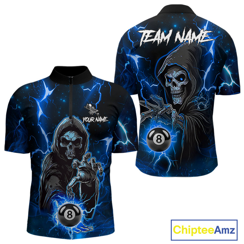 Blue Grim Reaper 8 Ball Billiard Shirt For Men Custom Lightning Billiard Team Jersey Polo, 1/4 Zip TDM6327