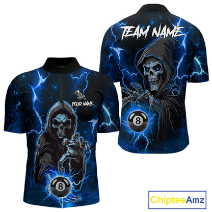Blue Grim Reaper 8 Ball Billiard Shirt For Men Custom Lightning Billiard Team Jersey Polo, 1/4 Zip TDM6327