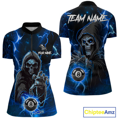 Blue Grim Reaper 8 Ball Billiard Shirt For Women Custom Lightning Billiard Team Jersey Polo, 1/4 Zip TDM6327