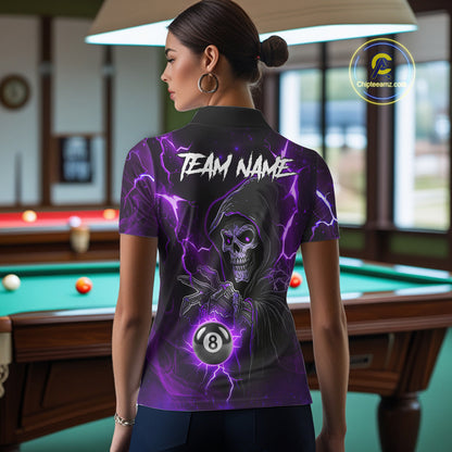 Purple Grim Reaper 8 Ball Billiard Shirt For Women Custom Lightning Pool Team Jersey Polo, 1/4 Zip TDM6328
