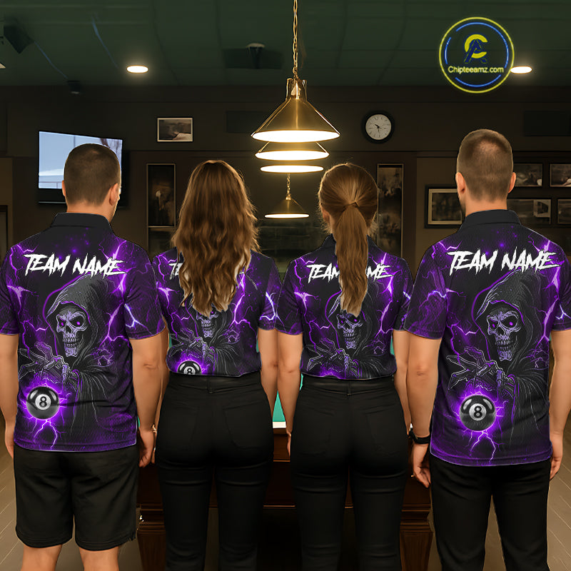 Purple Grim Reaper 8 Ball Billiard Shirt For Men Custom Lightning Pool Team Jersey Polo, 1/4 Zip TDM6328