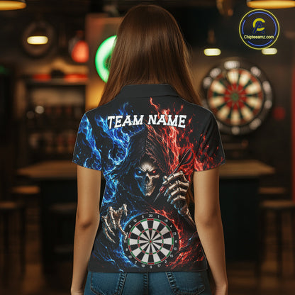 Blue And Red Flaming Grim Reaper Darts Shirts For Women Custom Darts Team Jersey Polo & 1/4 Zip TDM6503