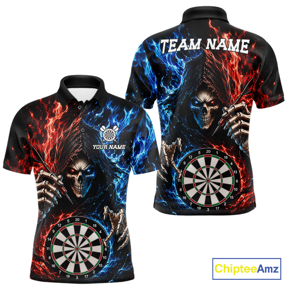 Blue And Red Flaming Grim Reaper Darts Shirts For Men Custom Darts Team Jersey Polo & 1/4 Zip TDM6503