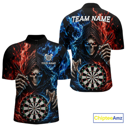 Blue And Red Flaming Grim Reaper Darts Shirts For Men Custom Darts Team Jersey Polo & 1/4 Zip TDM6503