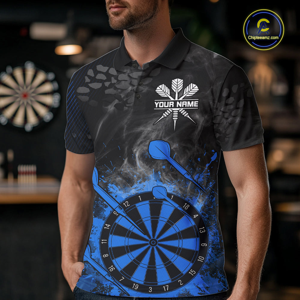 Blue Dartboard Splatter Smoke Darts Shirt For Men Custom Grunge Darts Team Jersey Polo & 1/4 Zip TDM6506