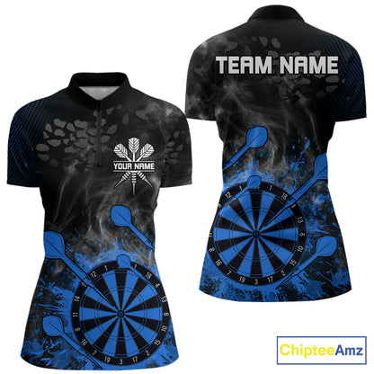 Blue Dartboard Splatter Smoke Darts Shirt For Women Custom Grunge Darts Team Jersey Polo & 1/4 Zip TDM6506
