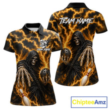 Load image into Gallery viewer, Custom yellow lightning Grim Reaper bowling team jersey polo shirt for women featuring a fierce Grim Reaper with yellow lightning artwork, premium custom bowling league apparel for tournaments, league competition and competitive bowling teams.
