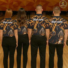 Load image into Gallery viewer, Bowling team wearing matching custom yellow lightning Grim Reaper bowling team jerseys featuring premium Grim Reaper and lightning artwork, back view.