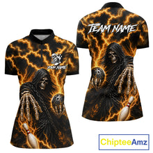 Load image into Gallery viewer, Custom yellow lightning Grim Reaper bowling team jersey quarter zip shirt for women featuring bold Grim Reaper and yellow lightning graphics, premium custom bowling league apparel.