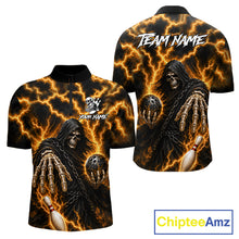 Load image into Gallery viewer, Custom yellow lightning Grim Reaper bowling team jersey quarter zip shirt for men featuring bold Grim Reaper and yellow lightning graphics, premium custom bowling league apparel.