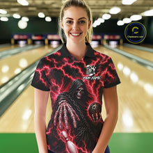 Load image into Gallery viewer, Woman wearing custom red lightning Grim Reaper bowling league team jersey polo shirt featuring red lightning Grim Reaper artwork, front view.